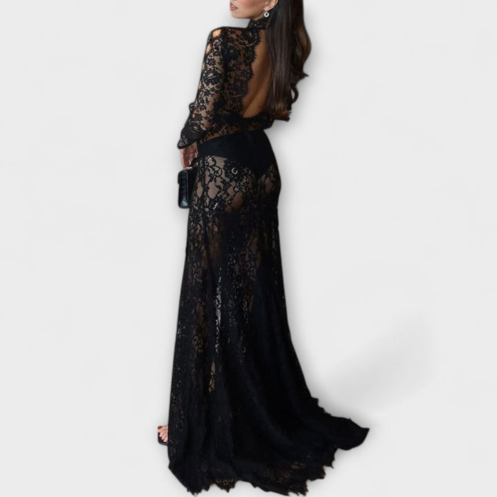 Azalea - Elegancia Polnoci Priesvitná Čipkovaná Dlhá Rukáv Stretch Maxi Šaty