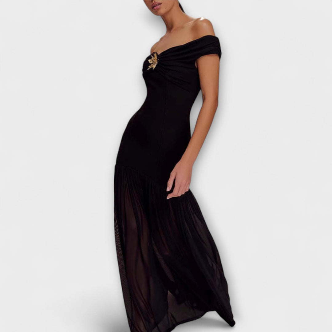 Maelie - Elegantná bezramenná bodycon maxi šaty s kvetinovými ozdobami