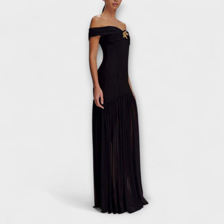 Maelie - Elegantná bezramenná bodycon maxi šaty s kvetinovými ozdobami