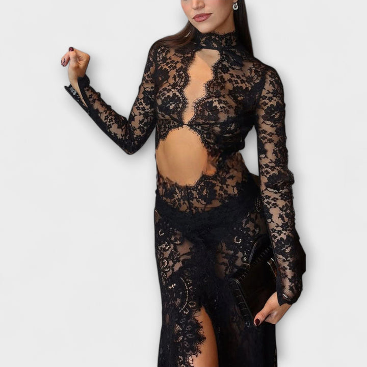 Azalea - Elegancia Polnoci Priesvitná Čipkovaná Dlhá Rukáv Stretch Maxi Šaty