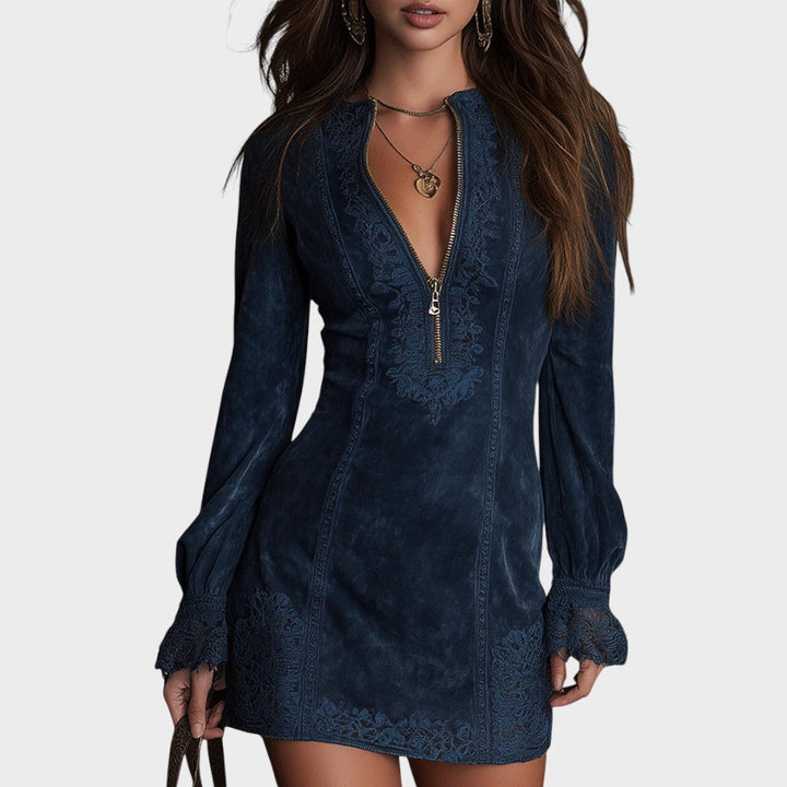 Veronika – Modrá Suede Mini Šaty s Čipkou