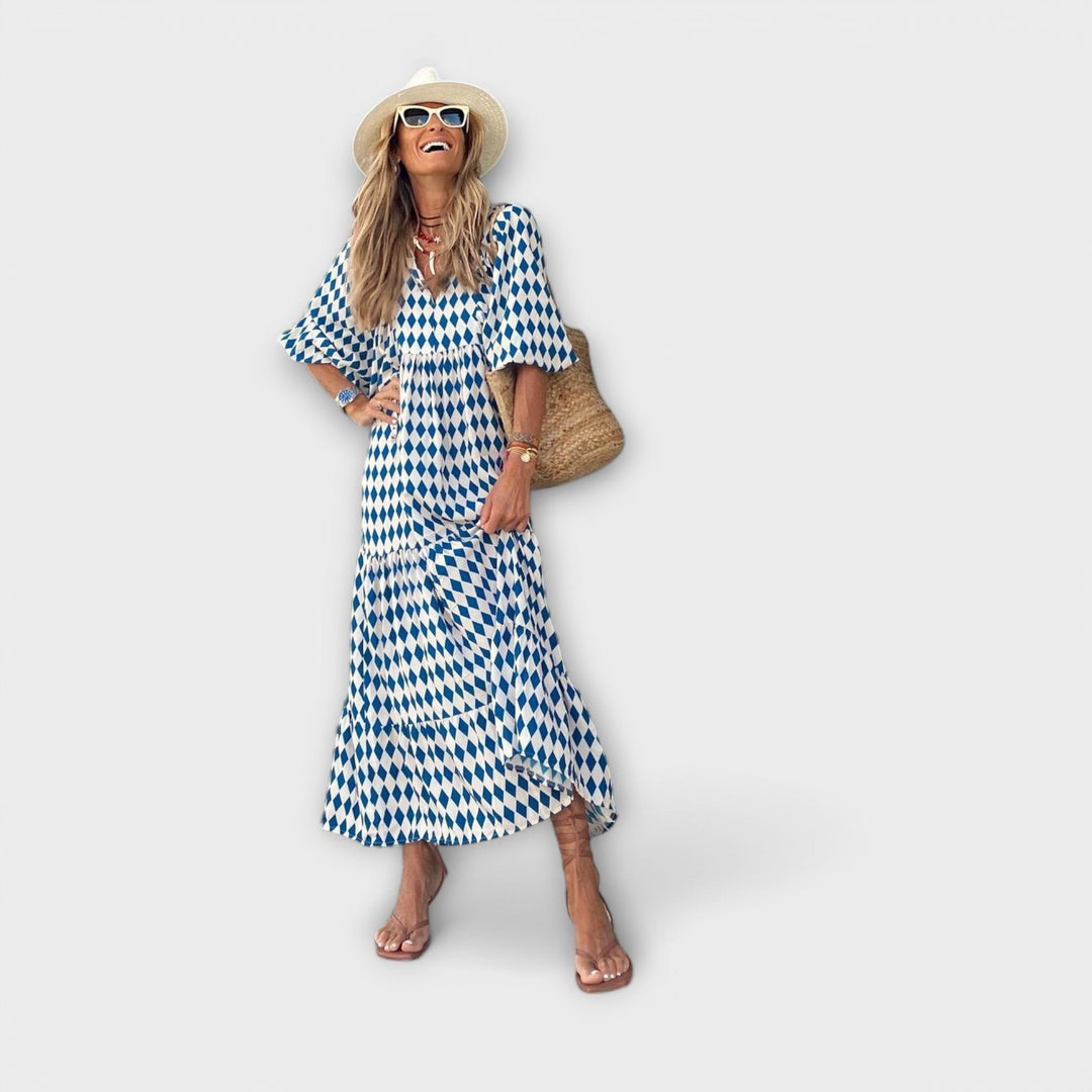 Elegantné geometrické maxi šaty