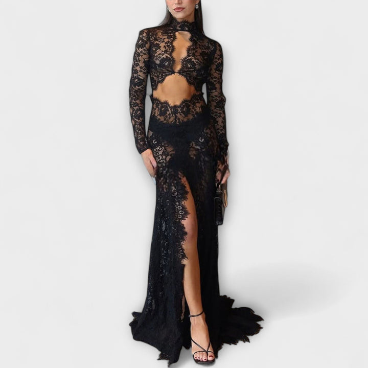 Azalea - Elegancia Polnoci Priesvitná Čipkovaná Dlhá Rukáv Stretch Maxi Šaty